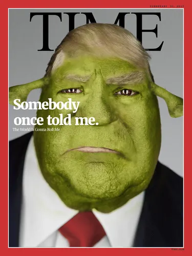 A magazine cover featuring a close-up of a face resembling Donald Trump's. The man has green skin and is wearing a red tie against the white background. The text on the magazine reads "TIME" and "Somebody once told me The World is Gonna Roll Me".